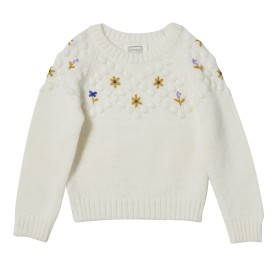 Cardigan fille avec broderies fleurs Ecru