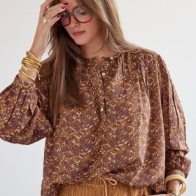 Blouse femme imprimée fleurs - Caramel/Lila