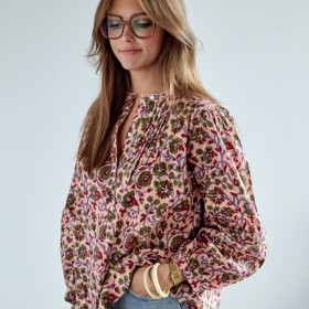 Women's blouse with pink Indian flower print