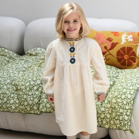 Robe fille bohème en velours Ecru rosée